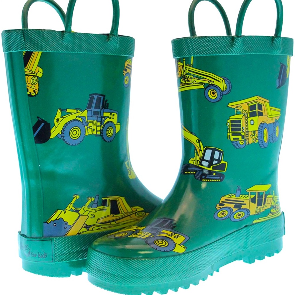 NWT/NIB Foxfire for Kids Green with Constuction Equipment Rubber Boots, Size 8